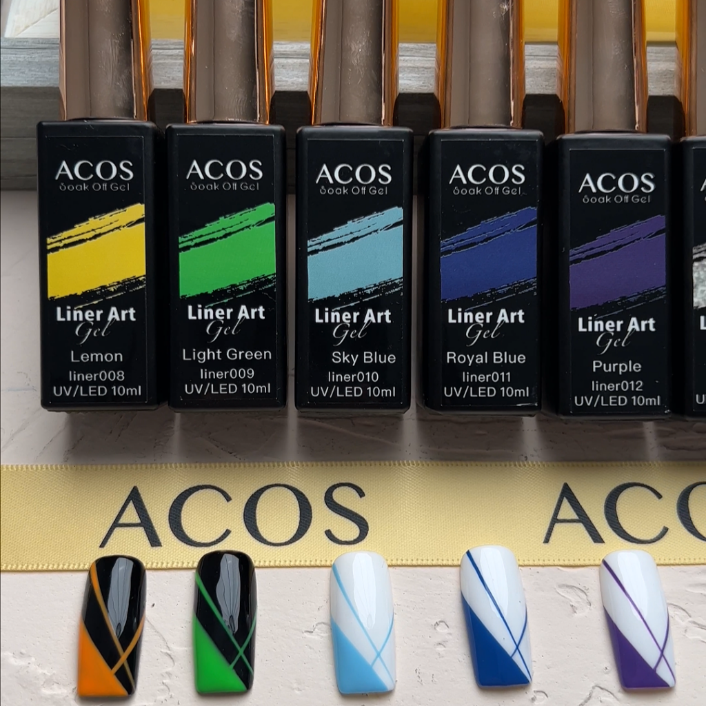 Five ACOS Liner Art Gel bottles in different colors with corresponding nail art samples below them.