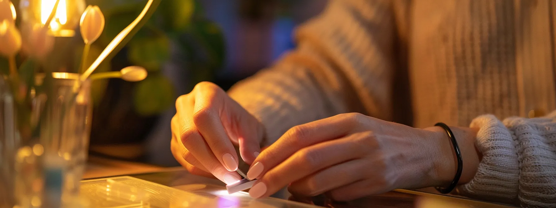 a woman using a nail file to lightly buff her clean, dry nails before applying press-on nails.