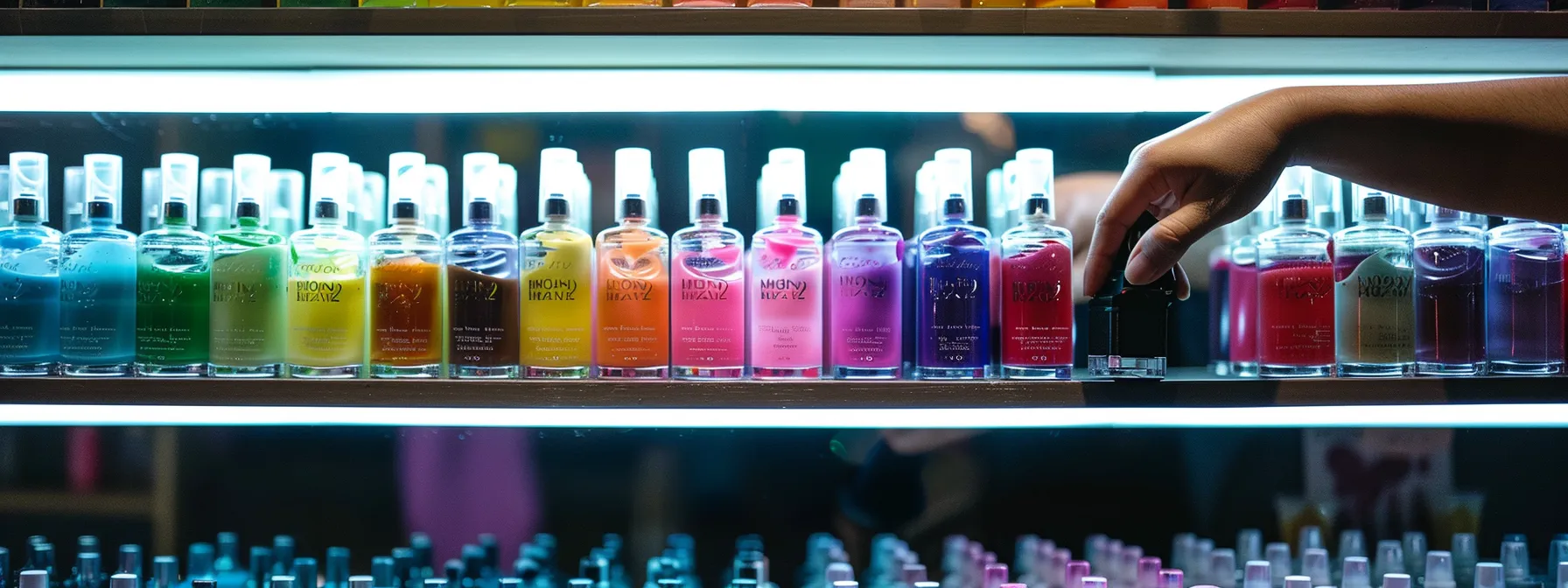 a manicurist selecting from a variety of nail primers displayed on a shelf.