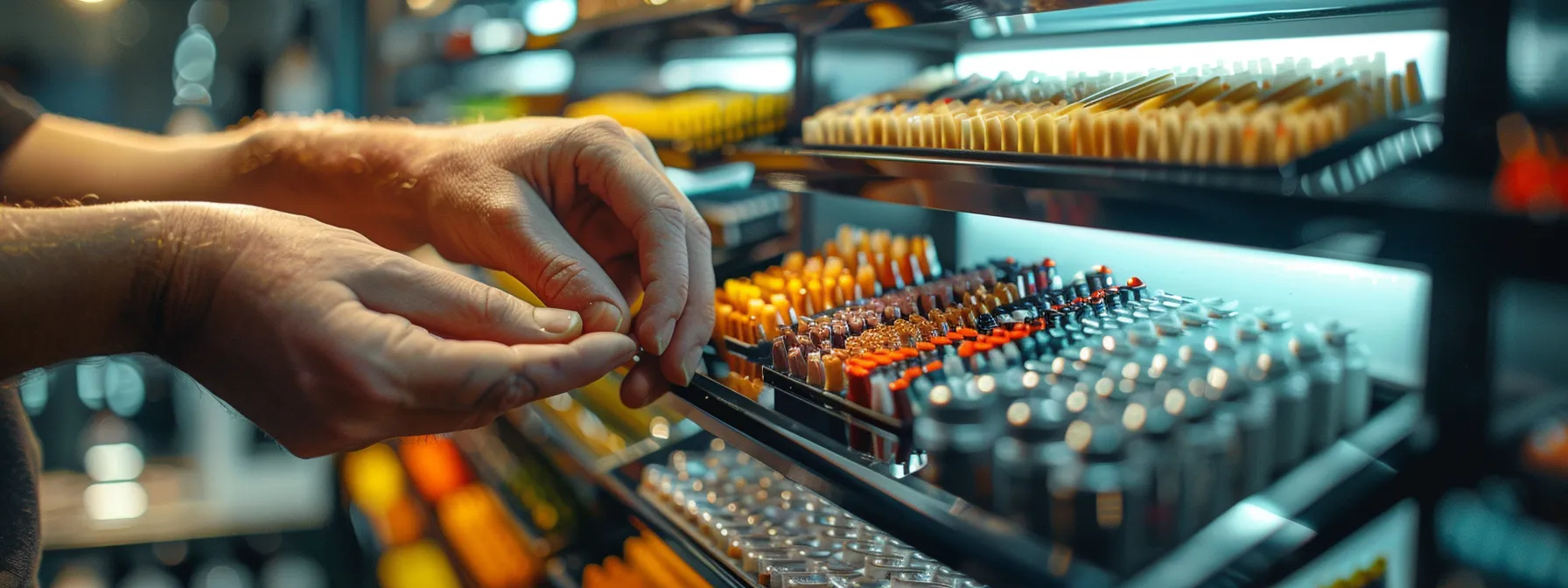 a person carefully selecting press-on nails of different sizes and shapes from a display rack.