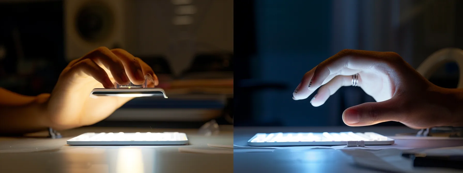 a person comparing uv and led nail lamps on a table.