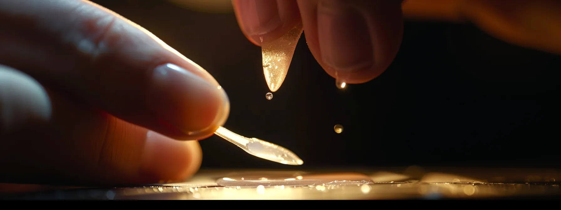 a person applying nail glue under a lifted section of a nail and pressing it down to secure it.