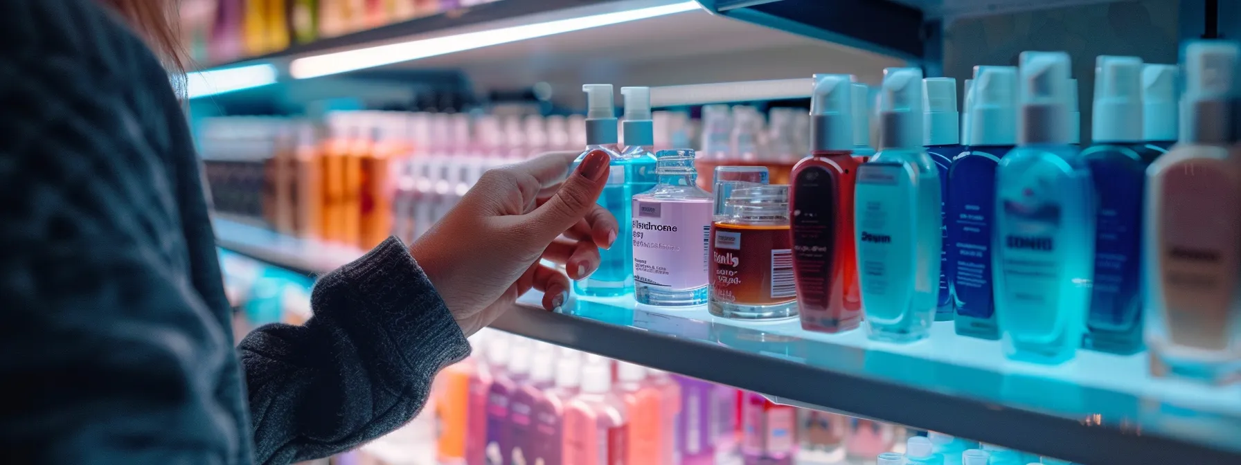 a person holding multiple bottles of nail adhesive in a beauty store.