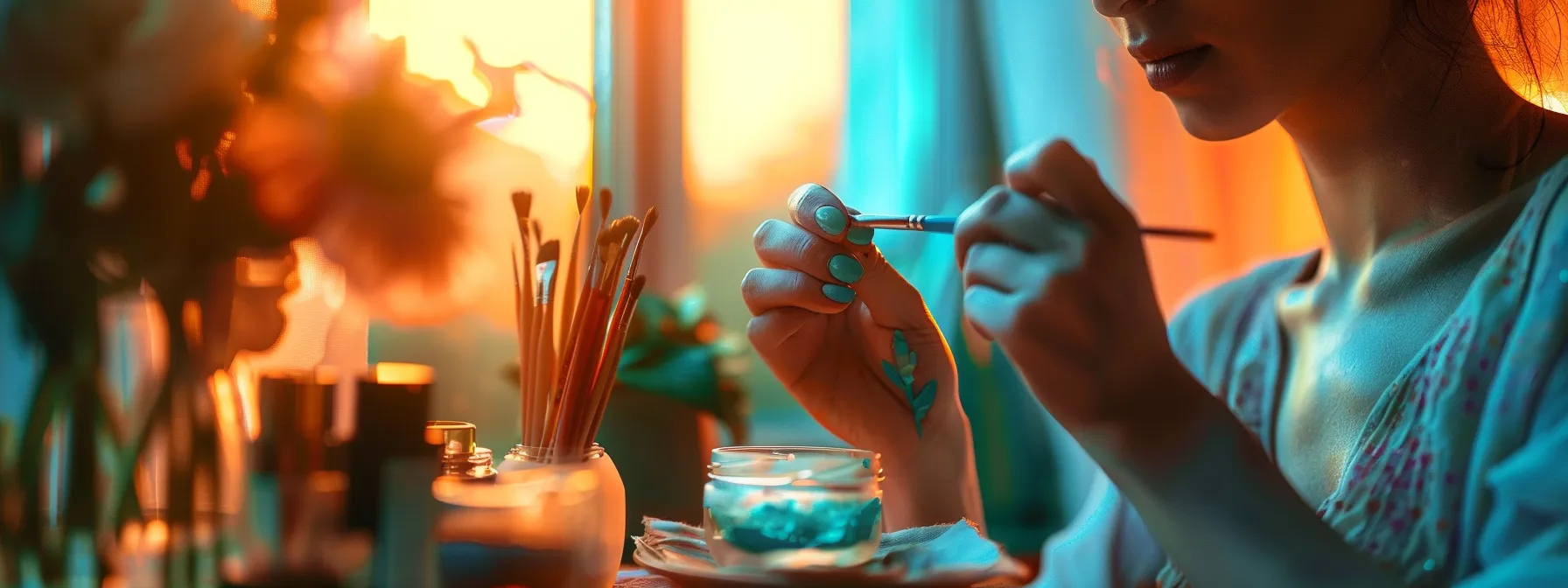 a woman painting her nails with a teal water-based nail polish.