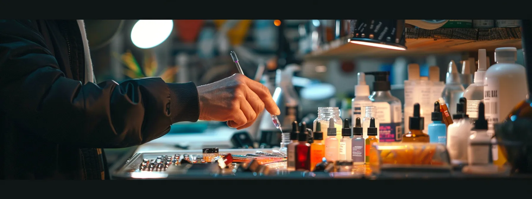 a person comparing different nail glues on a table, examining customer reviews and ratings.