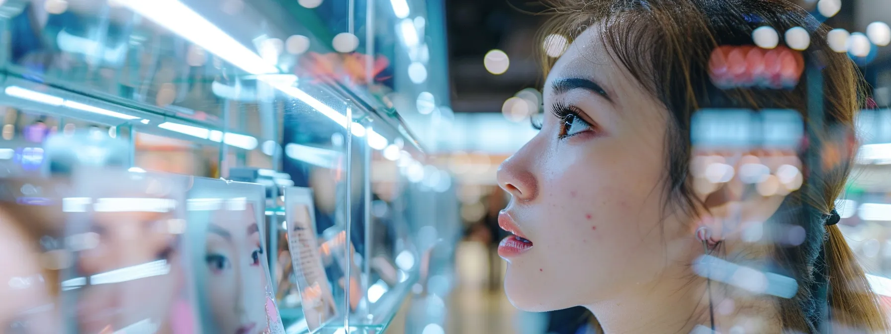 a woman comparing different types of false eyelashes in a cosmetics store.