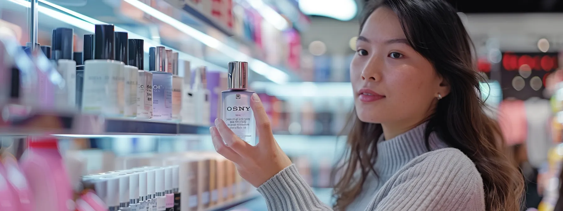 a woman holding a bottle of water-based nail polish in a beauty store.