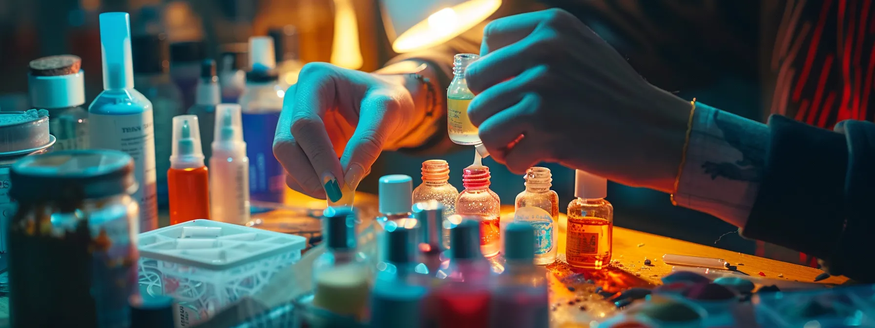 a person carefully inspecting different types of nail adhesive bottles on a table.