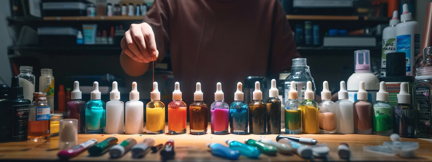 a person comparing different types of nail glue bottles on a table.