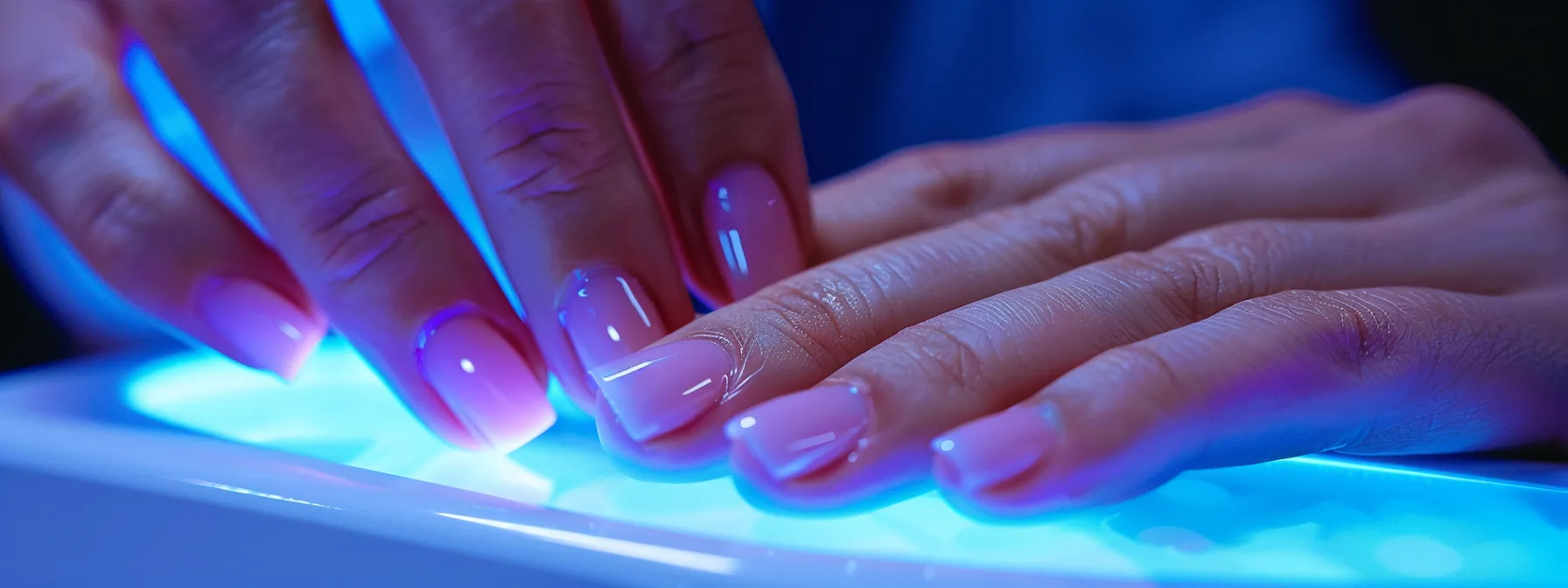 a hand placing a freshly painted gel nails under a uv light for curing.