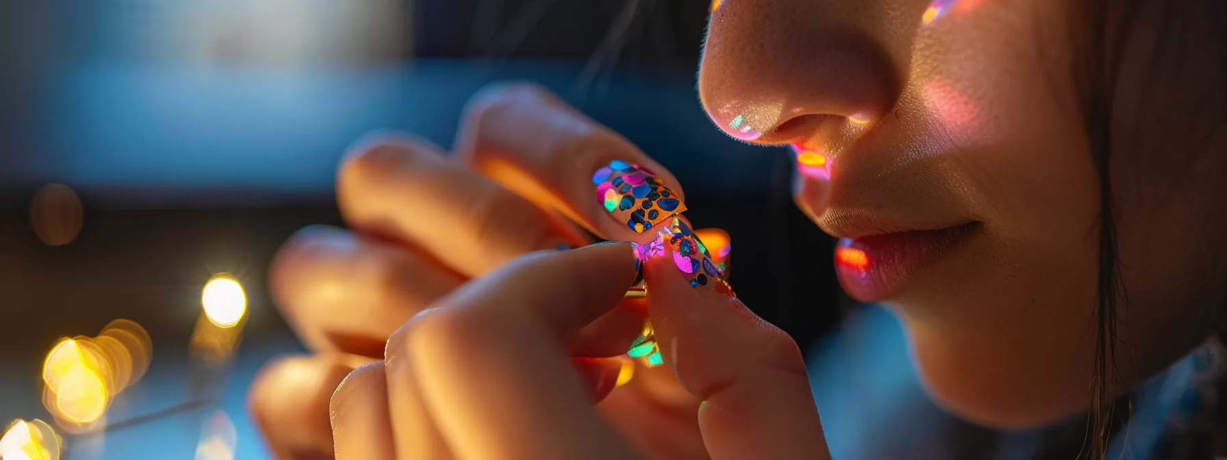 a woman carefully applying colorful nail art stickers onto her manicured nails.