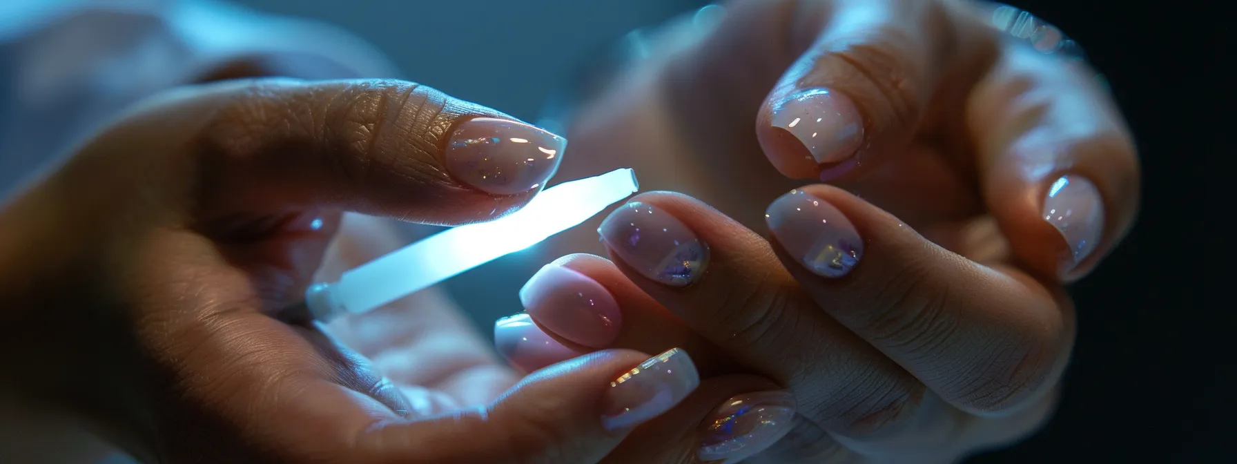 a woman's hand receiving a gel nail extension from a nail technician.