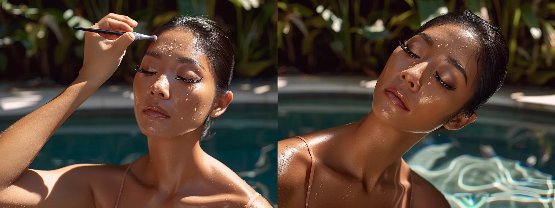 a woman applying waterproof magnetic eyelashes near a pool.