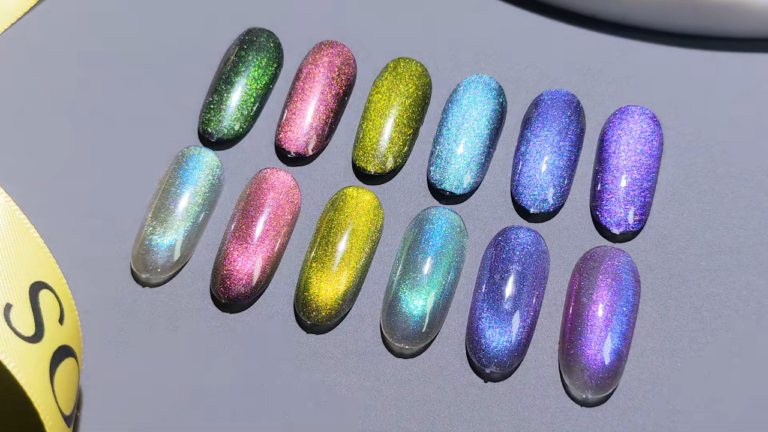 Twelve glittery cat eye gel nail polish samples in different colors on a gray background.