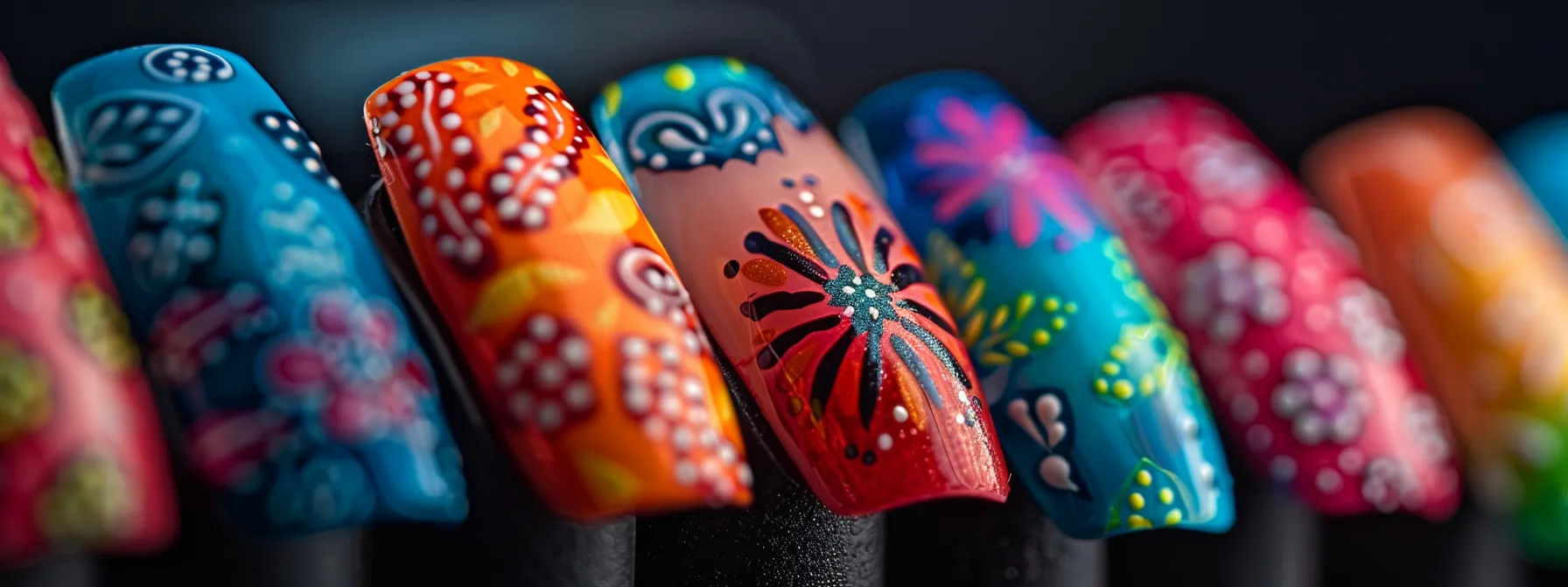 colorful nail art designs created using a stamping kit.