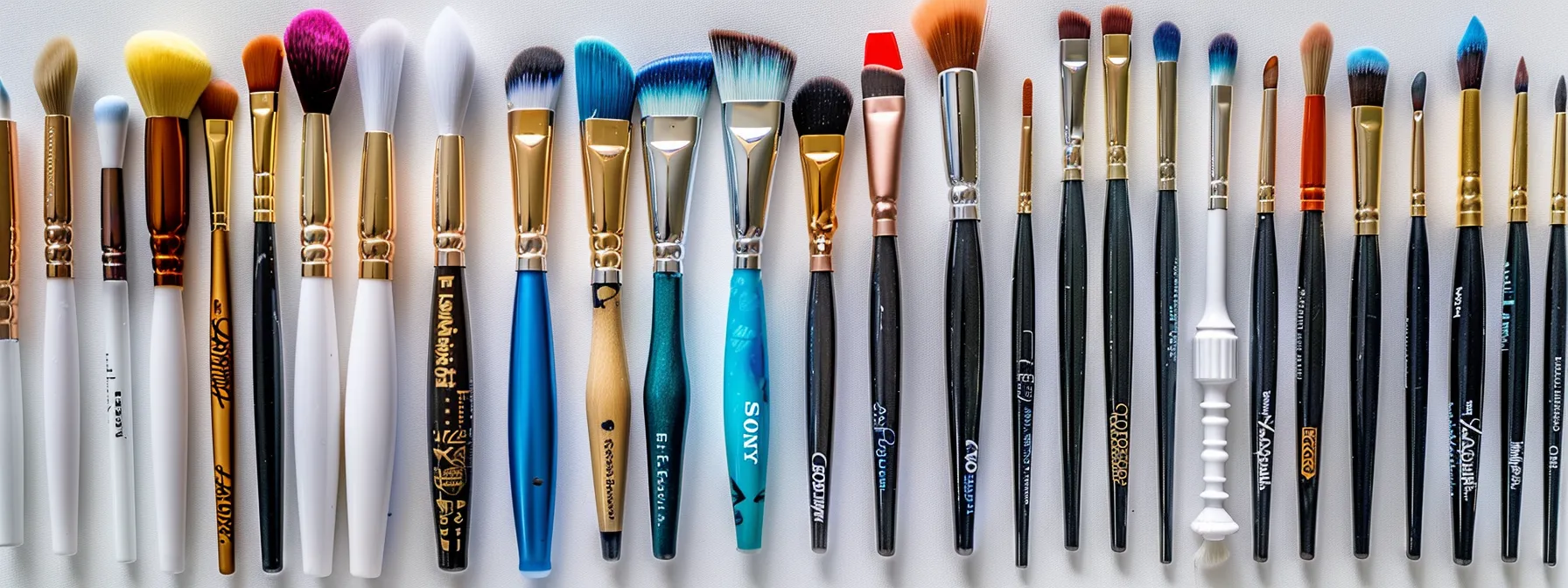 a variety of professional nail art brushes displayed on a white table for selection.