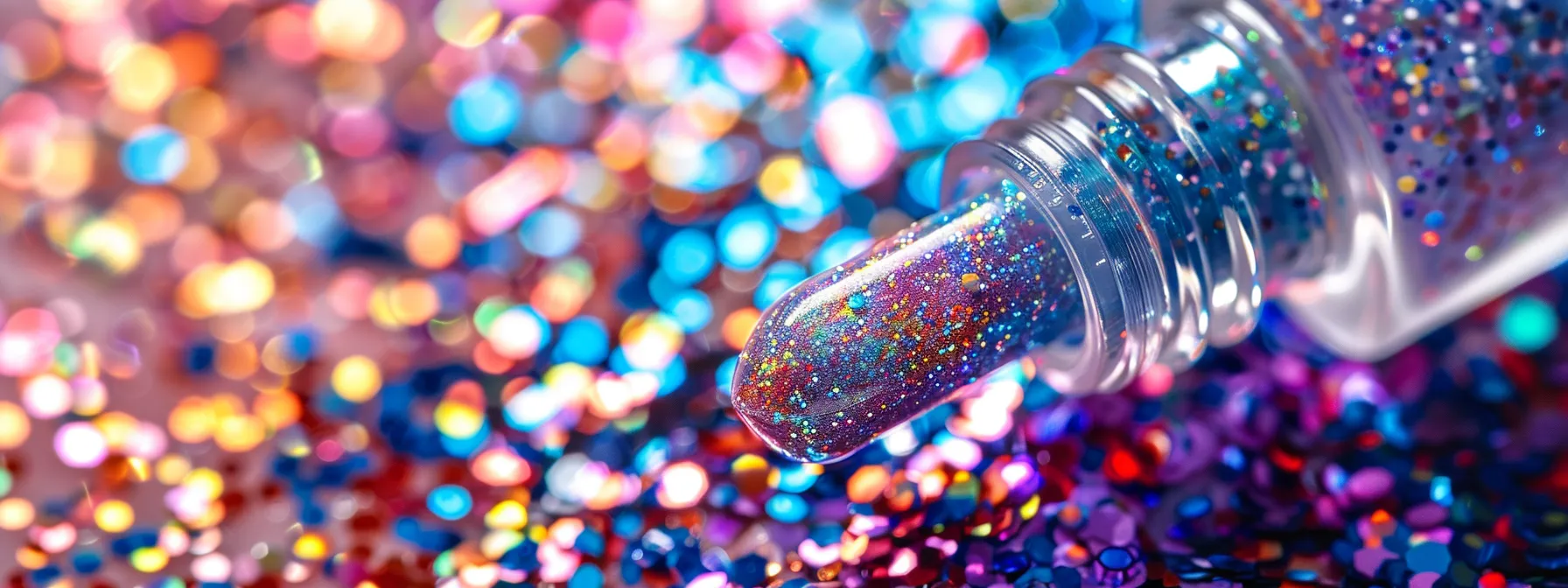 a close-up of a gel nail polish bottle with various colorful pigments and glitters mixed inside.