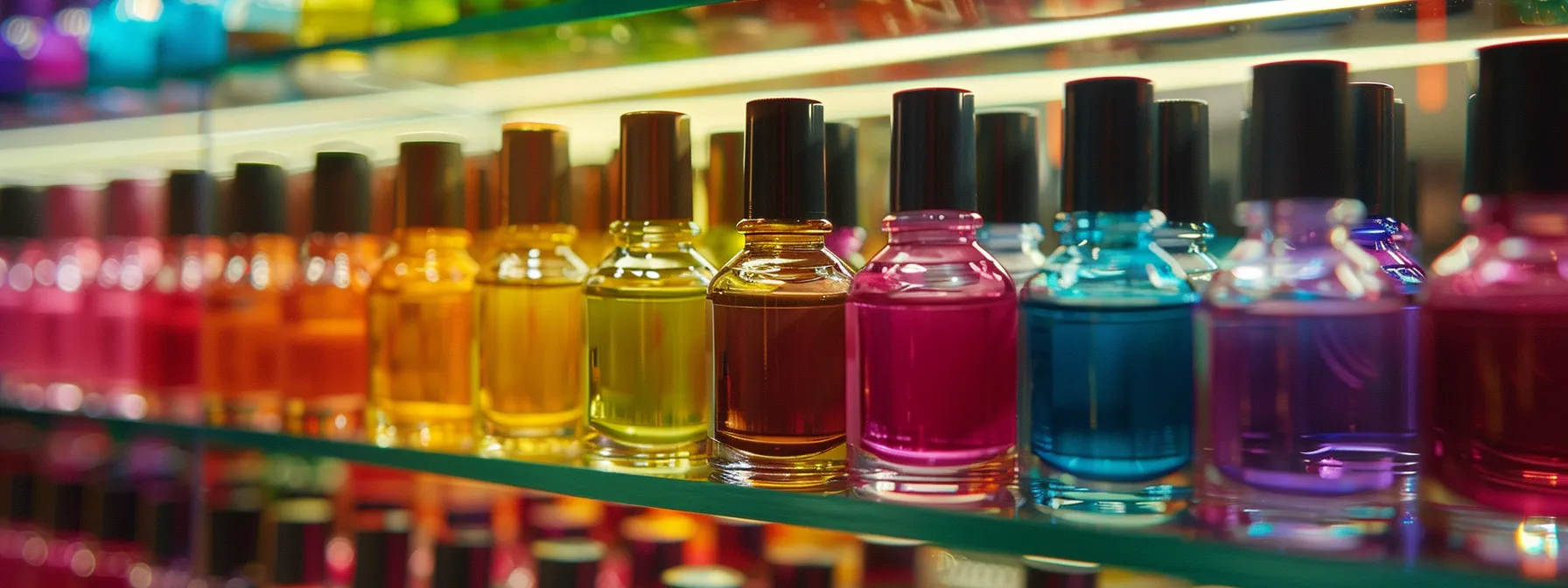 a collection of colorful bottles of nail polish lined up on a shelf.