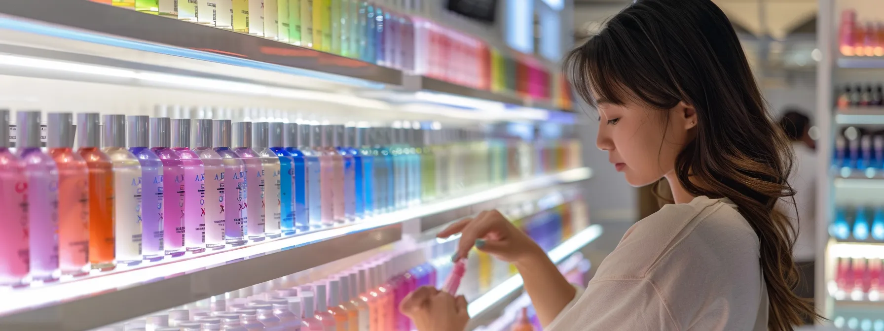 a woman browsing through a display of colorful gel nail polish bottles in a modern beauty salon.