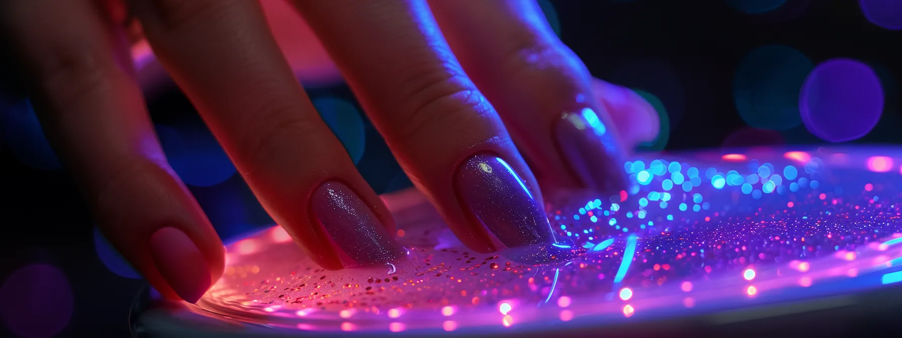 a hand holding a uv lamp over freshly applied gel nail polish, with the light transforming the liquid into a solid.