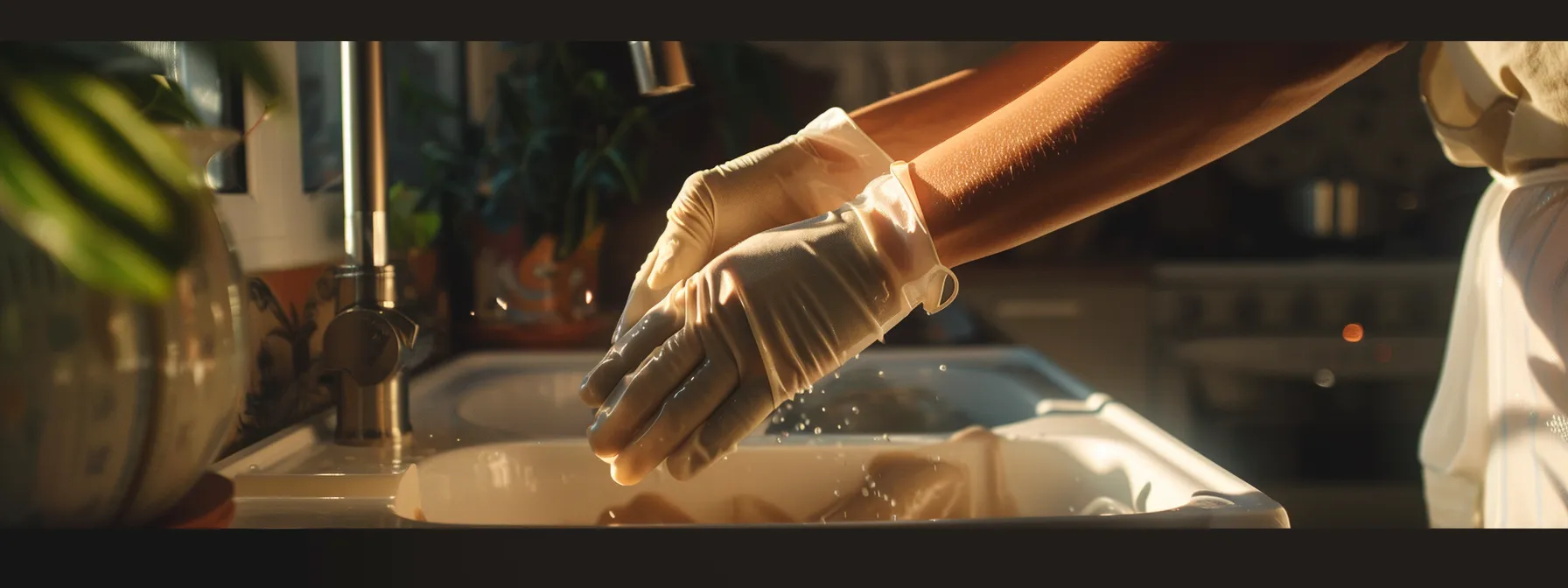 someone wearing gloves while doing dishes to protect their press-on nails.