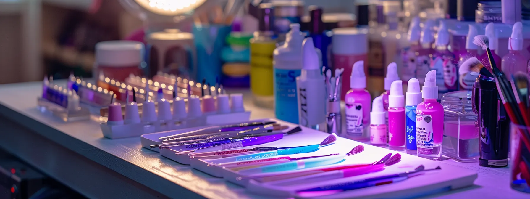 a manicure table with various uv gel nail art tools and accessories.