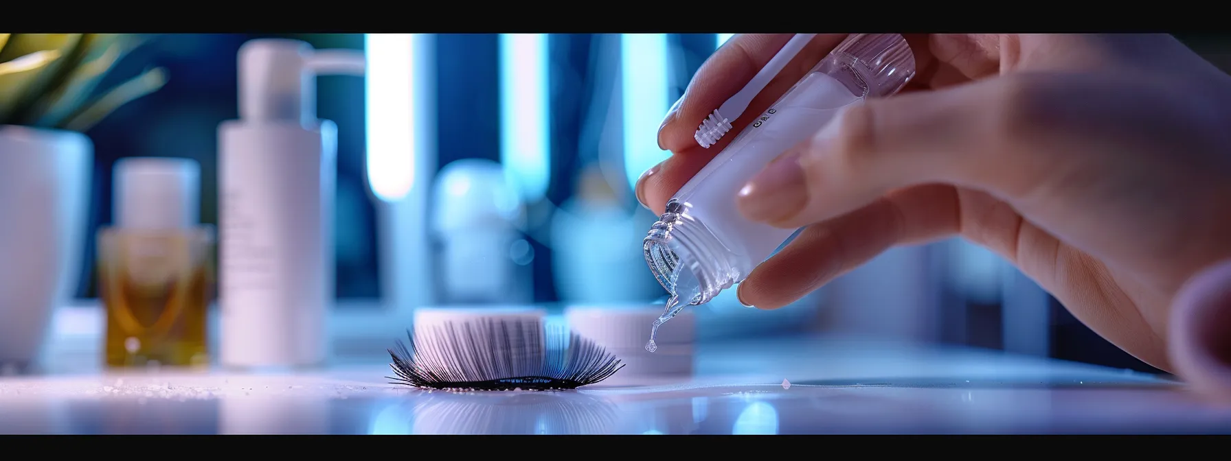 a person carefully applying a clear bottle of eyelash glue to a pair of false eyelashes on a clean, white countertop.