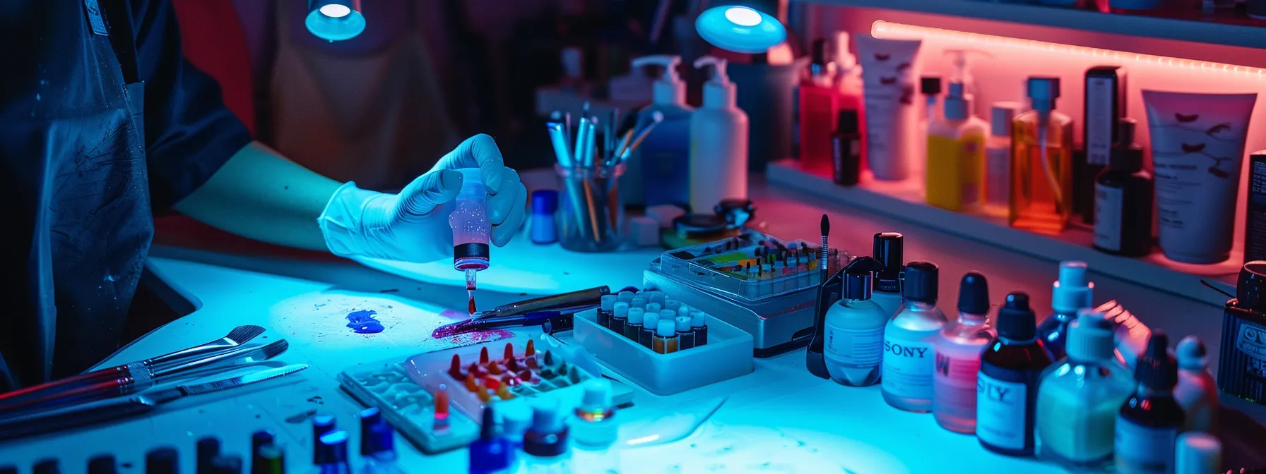 a manicurist holding a bottle of gel nail polish, surrounded by various bottles and tools on a work station.