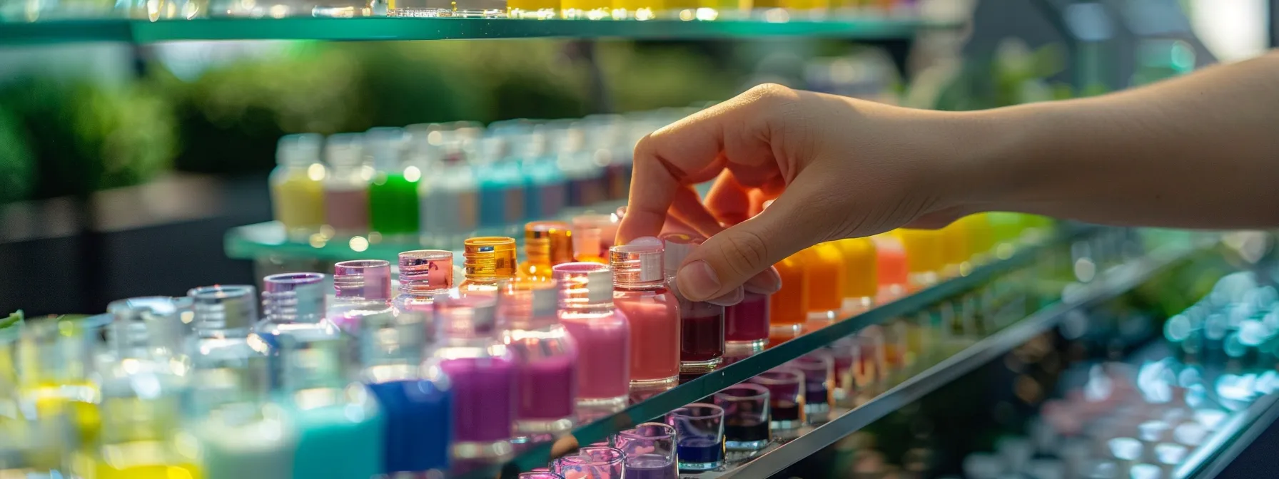 a person is carefully selecting from a variety of eco-friendly gel nail polish options in a well-lit, modern nail salon.