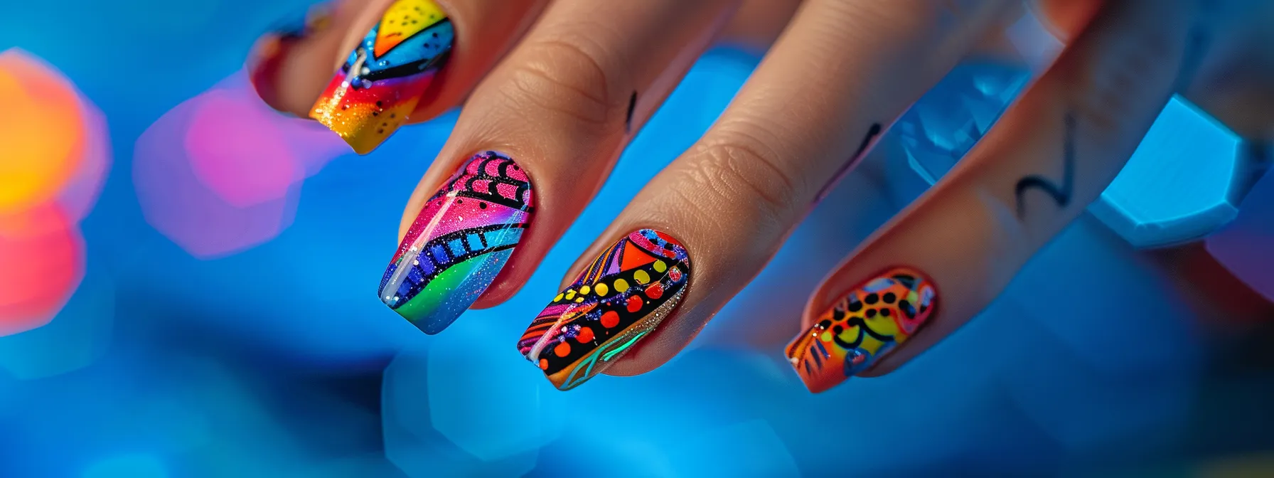 a close-up of a woman's hand showcasing intricate and colorful nail art designs.